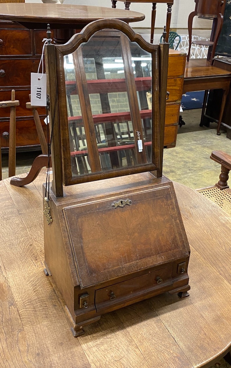 An 18th century style banded walnut toilet mirror with bureau base width 34cm, depth 26cm, height 69cm